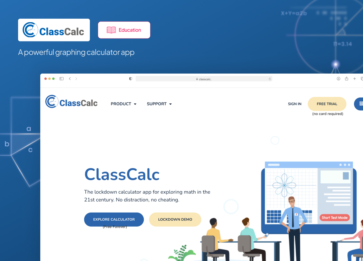 ClassCalc website homepage showing the graphing calculator app with explore calculator and lockdown demo buttons on a blue background
