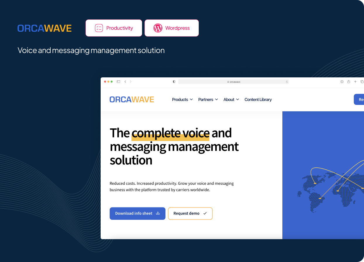 OrcaWave website homepage showing voice and messaging management solution with world map graphic on a dark navy background
