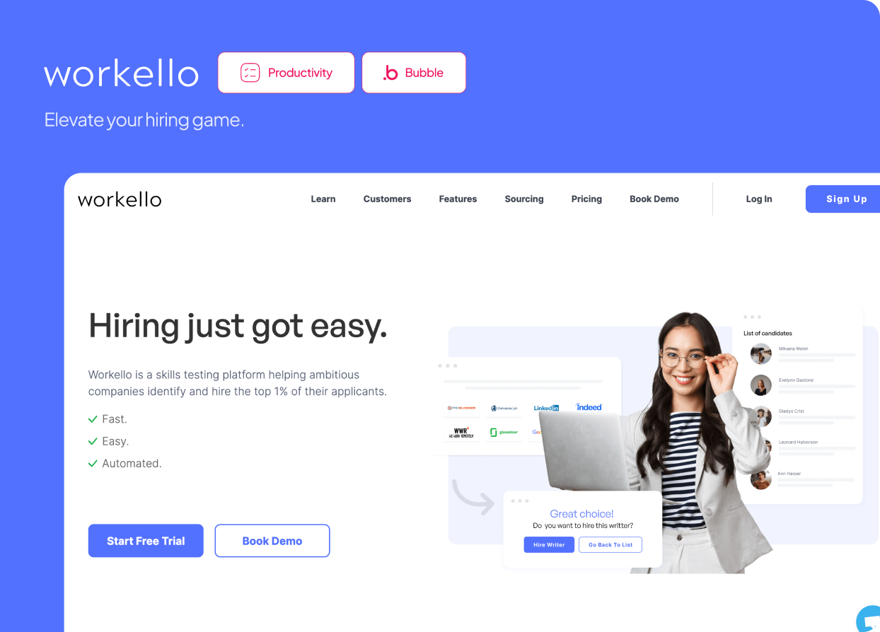 Workello website homepage showing hiring platform features with candidate list and start free trial button on a blue background