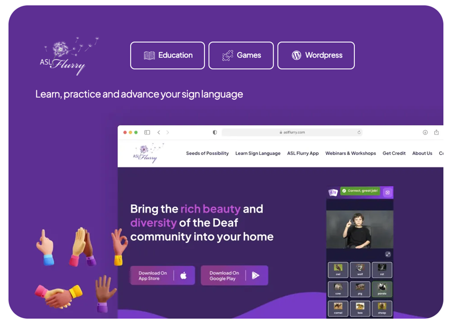 ASL Flurry website homepage showing Learn, Practice and Advance Your Sign Language messaging with navigation menu on a purple background