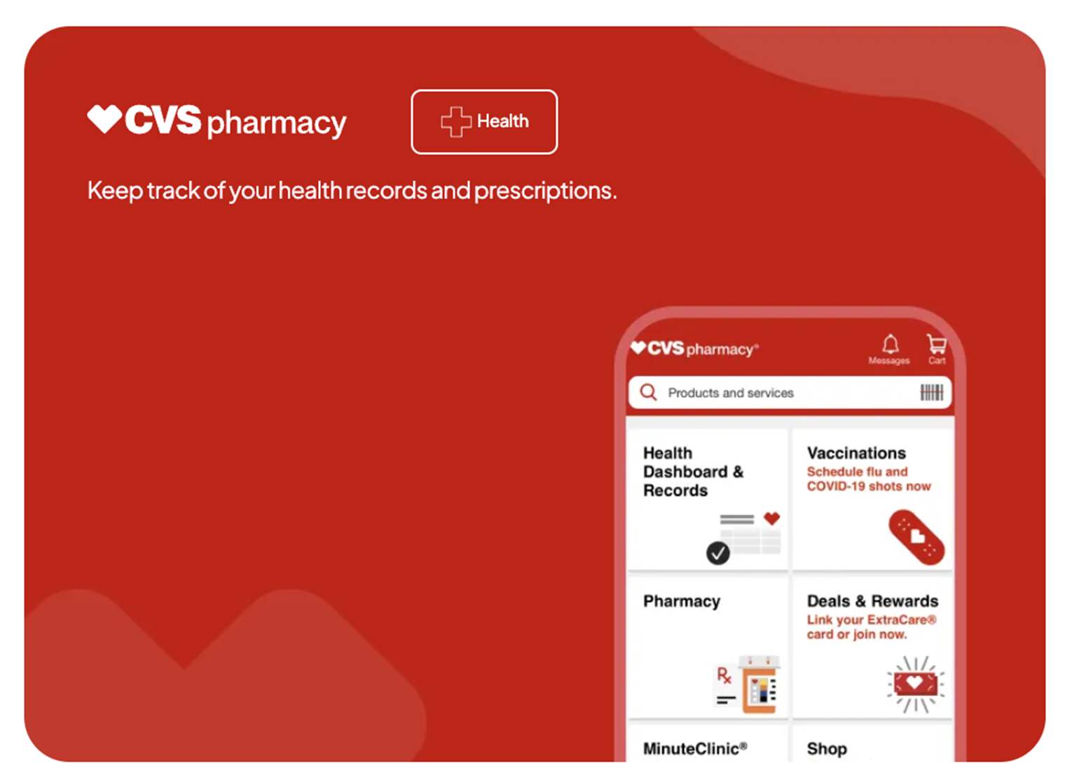 CVS Pharmacy app home screen showing search bar, health dashboard, and vaccination scheduling options