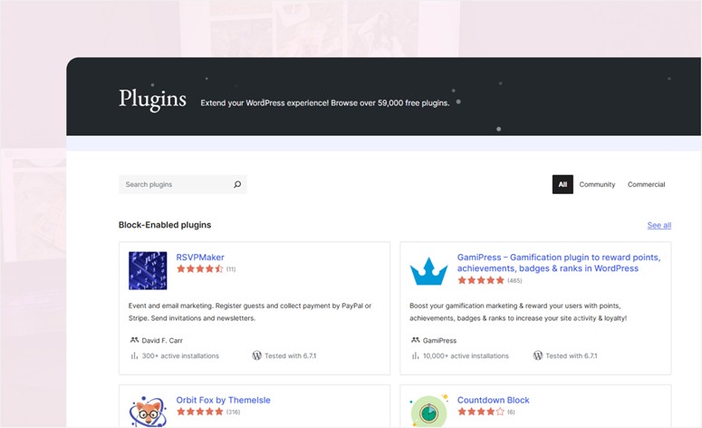 WordPress plugins selection page