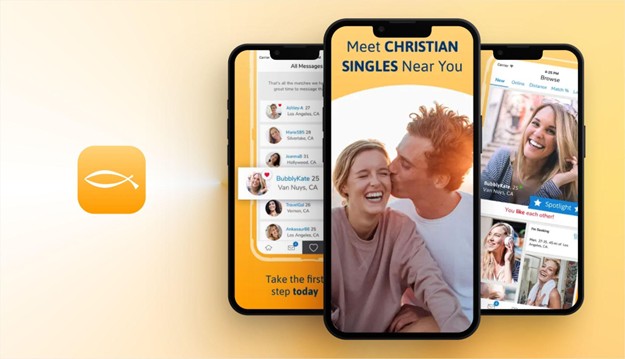 Christian Mingle app icon beside three smartphones showing a messaging inbox, a match promotion screen, and a profile browse view in the Christian Mingle dating app