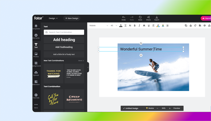 Fotor design editor showing a summer-themed graphic being created with a surfing photo and text overlay options in the left panel