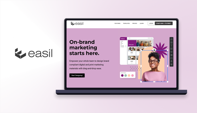 Easil logo beside a laptop showing the Easil homepage with an on-brand marketing design interface on a purple background