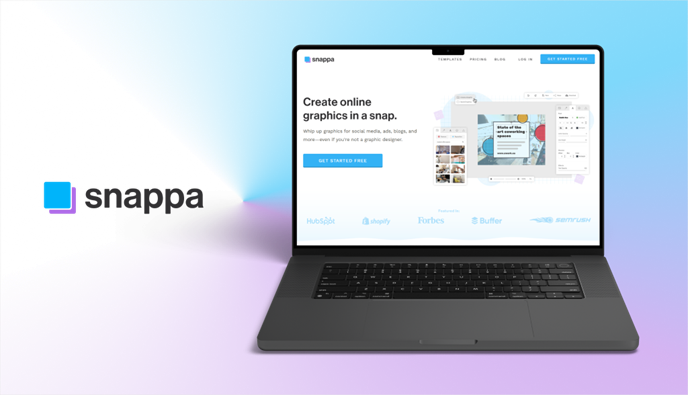 Snappa logo beside a laptop showing the Snappa homepage with a graphic design editor preview on a light purple background