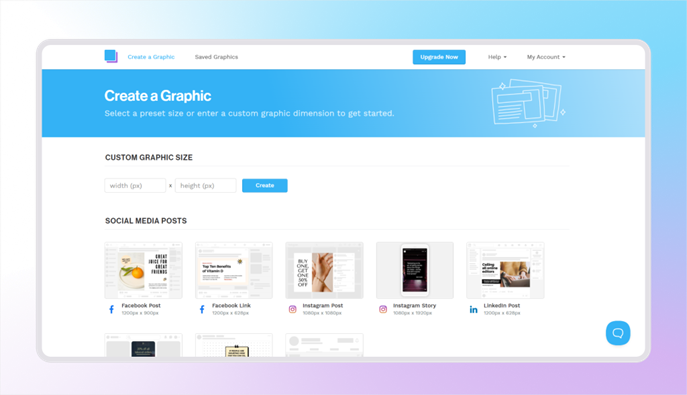 Snappa graphic creation screen showing preset size options for Facebook, Instagram, and LinkedIn social media posts