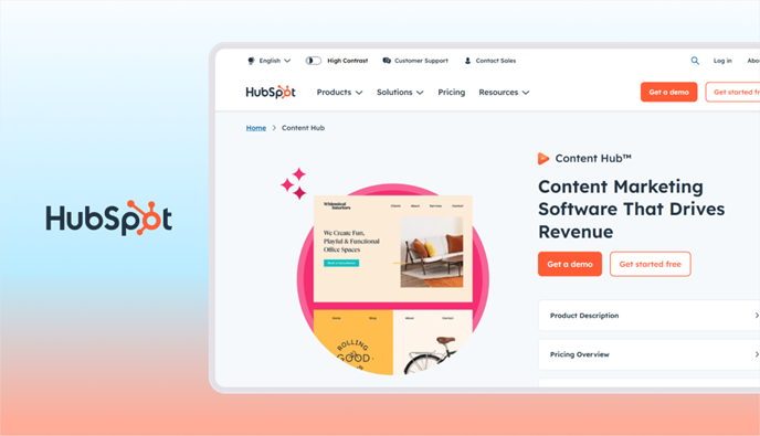 HubSpot logo beside a browser window showing the HubSpot Content Hub product page for content marketing software