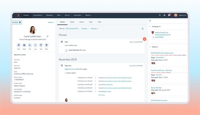 HubSpot CRM contact detail page showing activity timeline, pinned notes, and deal pipeline for a contact at Stanford Health Care
