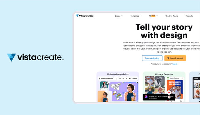 VistaCreate logo beside the VistaCreate homepage showing the all-in-one design editor and AI image generator features on a light blue background