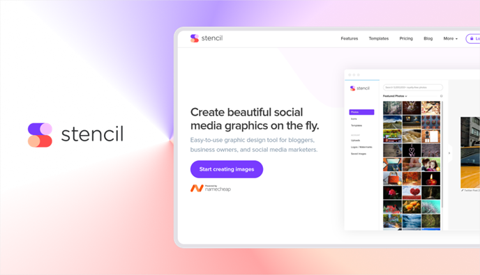 Stencil logo beside the Stencil homepage showing a social media graphic design tool interface with a photo library panel