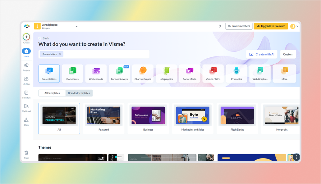 Visme dashboard showing the template selection screen with options for presentations, documents, infographics, and social media content