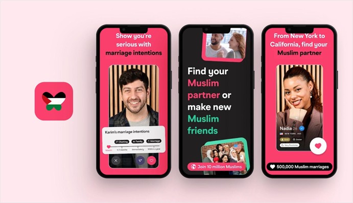 Muzz app icon beside three smartphones showing marriage intention settings, a Muslim partner matching screen, and a user profile in the Muzz dating app