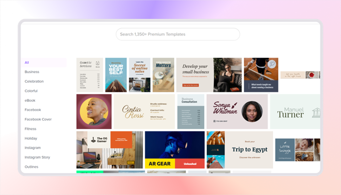 Stencil template library showing a grid of premium social media and marketing design templates across various categories