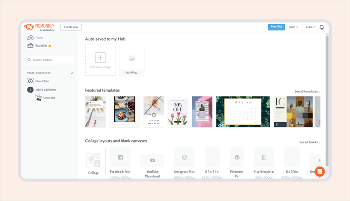 PicMonkey Hub dashboard showing auto-saved files, featured templates, and blank canvas size options for social media and print