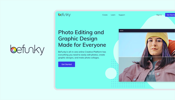BeFunky logo beside the BeFunky homepage promoting photo editing and graphic design tools on a teal background