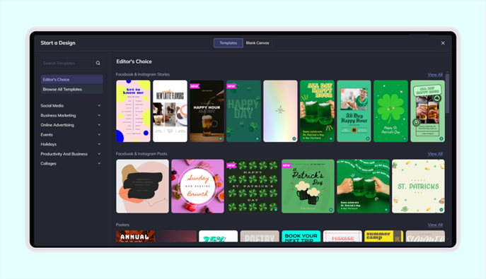 BeFunky template picker showing Editor's Choice designs for Facebook and Instagram Stories, Posts, and Posters