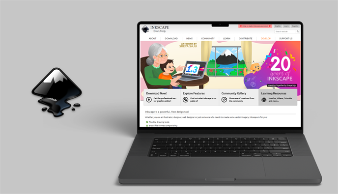 Inkscape logo beside a laptop showing the Inkscape website homepage celebrating 20 years of the free vector design tool