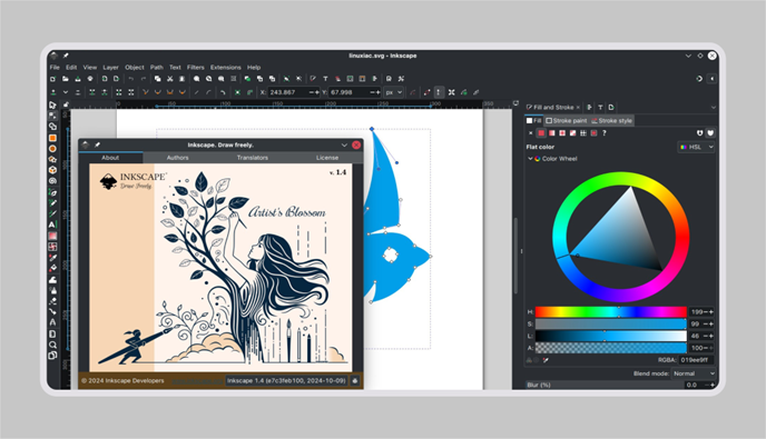 Inkscape 1.4 desktop editor showing a vector illustration of a woman with a color wheel panel open on the right