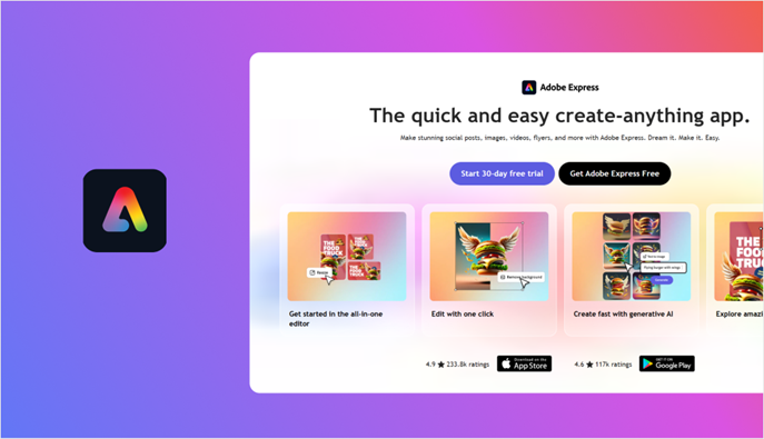 Adobe Express app icon beside the Adobe Express homepage showing design template previews and a free trial call to action