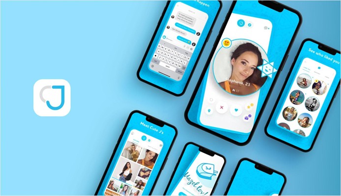 JSwipe app icon beside five smartphones showing a chat screen, profile card, match feed, and browse view in the JSwipe Jewish dating app on a blue background
