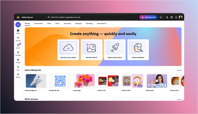 Adobe Express dashboard showing the home screen with quick editing tools, AI generation options, and template browsing