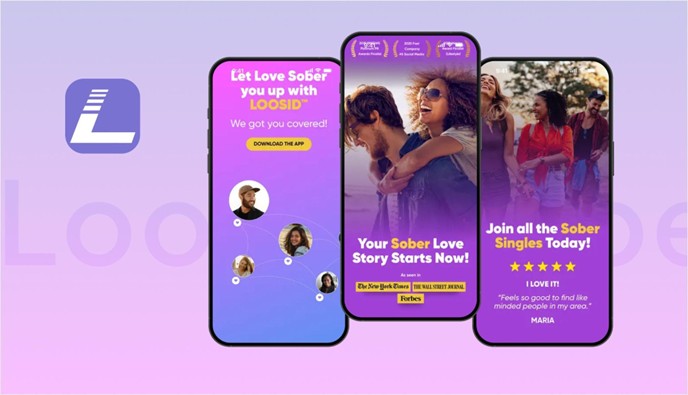 Loosid app icon beside three smartphones showing sober dating app onboarding screens with match connections, a couples photo, and a user testimonial