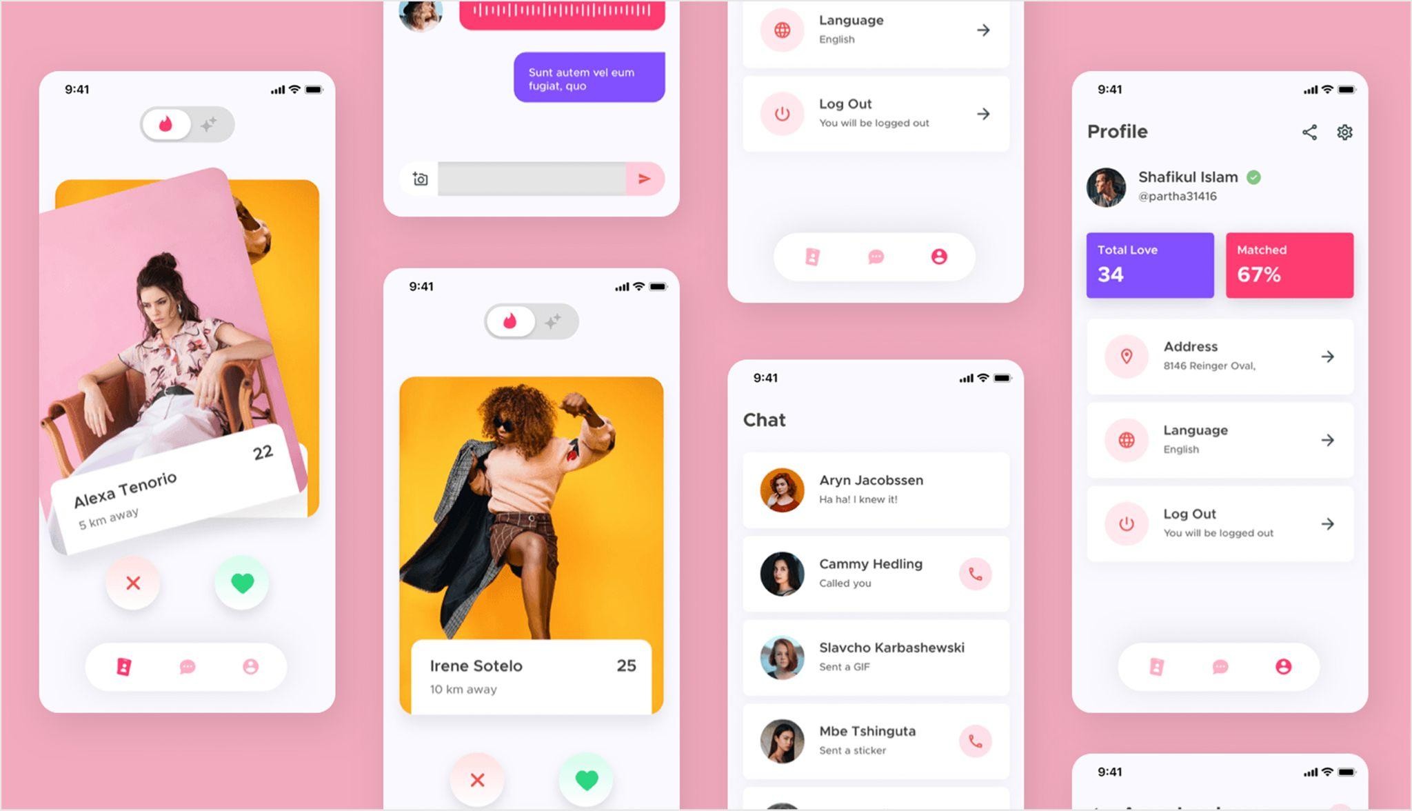 Dating app UI mockup showing swipe cards, a chat inbox, settings screen, and a user profile with match percentage on a pink background