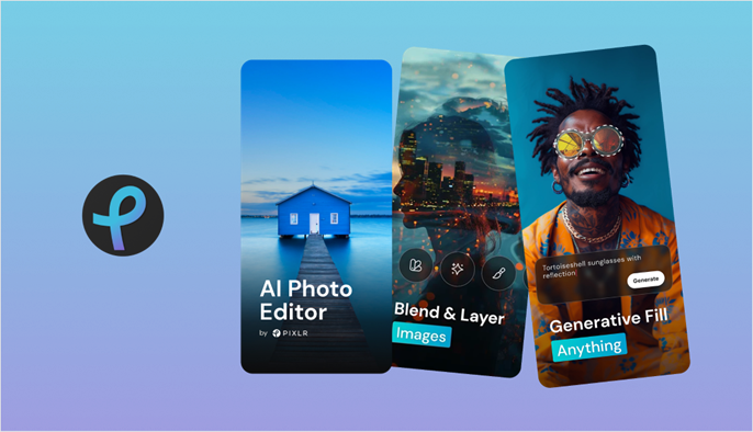Pixlr logo beside three app screens highlighting AI Photo Editor, Blend and Layer, and Generative Fill features on a blue gradient background