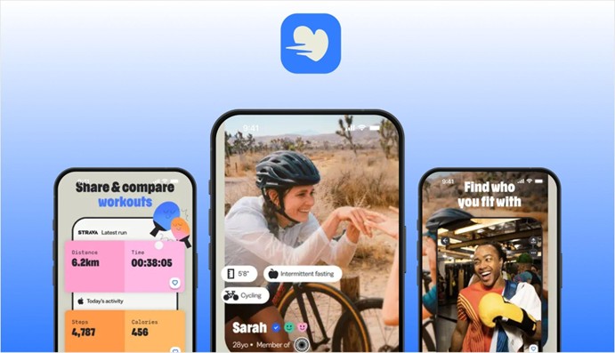 Strava dating app icon beside three smartphones showing a workout sharing screen, a cyclist's profile, and a fitness-focused match browse view
