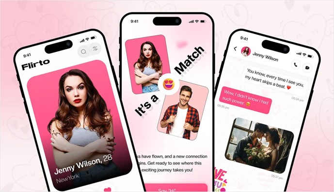 Three smartphones showing a Flirto dating app profile card, a match screen, and a chat conversation on a pink background