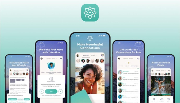 Five smartphones displaying Taonga dating app screens including lifestyle profiles, conversation prompts, a match feed, messaging, and a browse view on a teal background