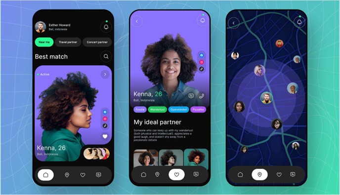 Three smartphones showing a dark-themed dating app with a best match feed, a detailed user profile, and a location-based map view of nearby users