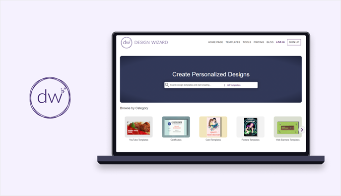 Design Wizard logo beside a laptop showing the Design Wizard homepage with a template category browsing interface