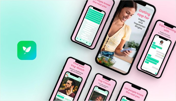 Veggly app icon beside five smartphones showing onboarding and matching screens from the Veggly vegan and vegetarian dating app