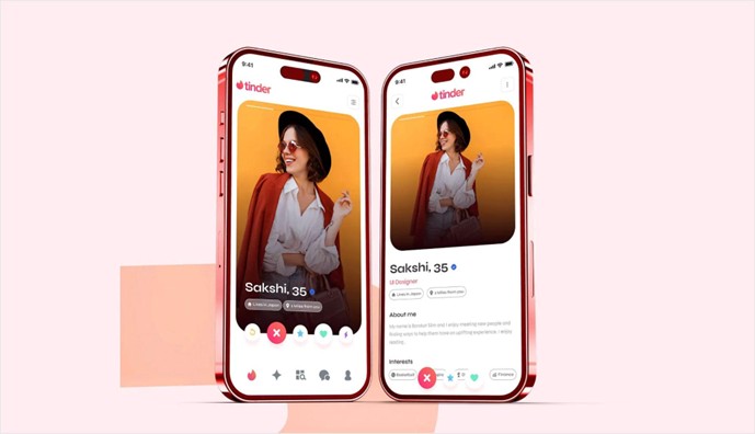 Two smartphones showing a Tinder profile card and expanded profile detail view for a user named Sakshi on a pink background