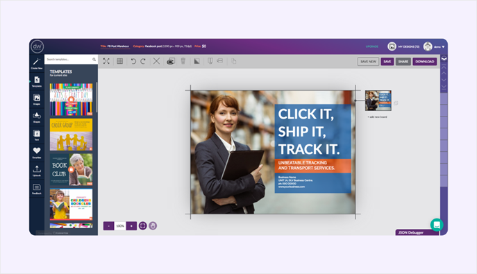Design Wizard editor interface showing a Facebook post template being customized with a logistics-themed banner design