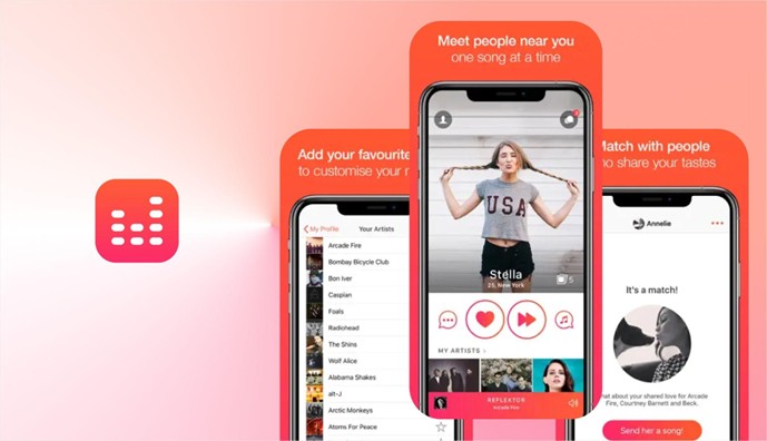 Tastebuds app icon beside three smartphones showing a music-based dating app with artist preferences, a profile card, and a match screen