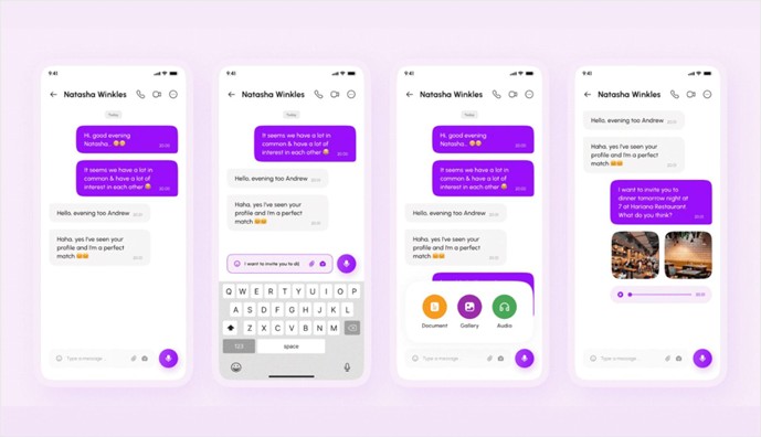 Four smartphones showing a dating app chat conversation flow with keyboard, media sharing options, and a restaurant photo shared in the message thread