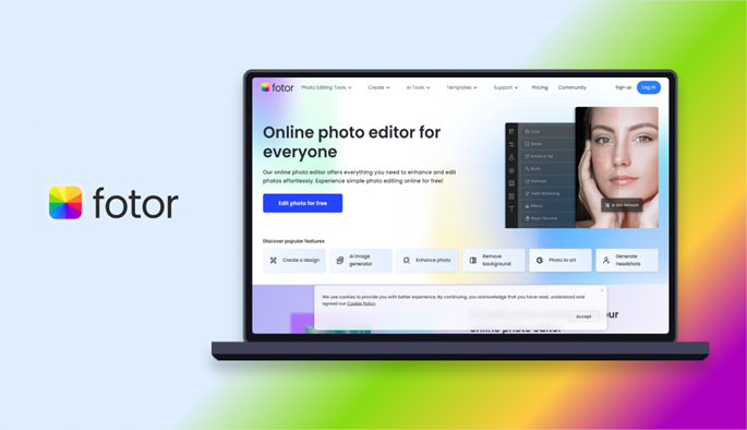 Fotor logo beside a laptop showing the Fotor homepage with photo editing and AI image generation feature options
