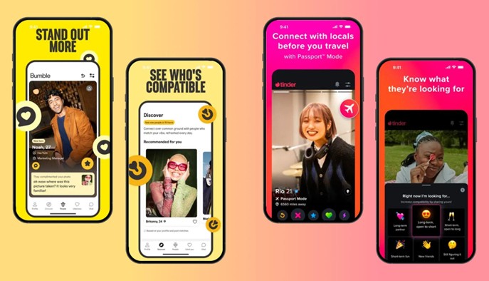 Four dating app screens side by side showing Bumble profile and discovery features alongside Tinder's Passport Mode and intent-setting screens