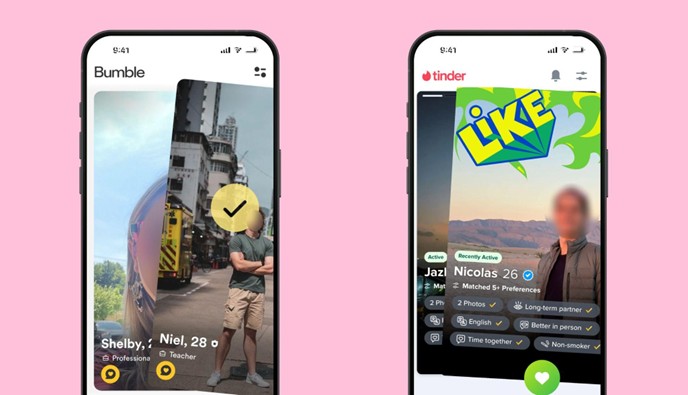 Bumble and Tinder app screens side by side showing profile cards with swipe and like interactions on a pink background