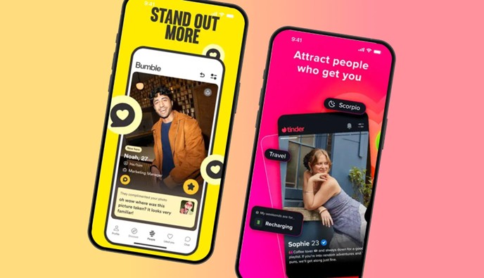 Bumble and Tinder app profile screens side by side showing user profiles with interest tags and personality prompts