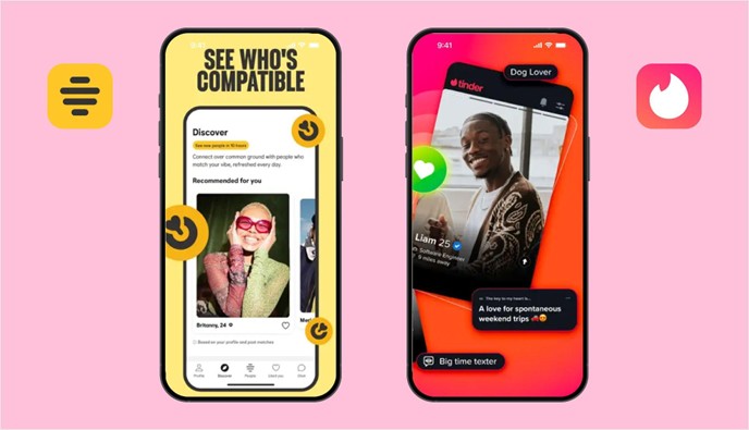 Bumble Discover screen and Tinder profile card side by side showing compatibility matching and interest tags on a pink background