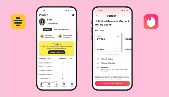 Bumble Premium upgrade screen and Tinder Plus subscription plan side by side showing pricing and feature comparisons on a pink background