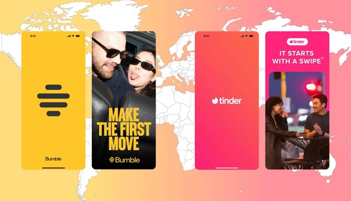 Bumble and Tinder app splash screens side by side showing brand taglines "Make the First Move" and "It Starts With a Swipe" against a world map background