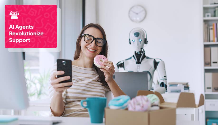 a woman taking a selfie with a robot at the background