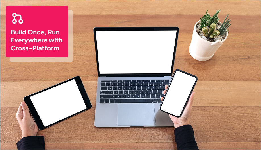 shows different platforms or devices like a mobile phone, tablet, and a laptop