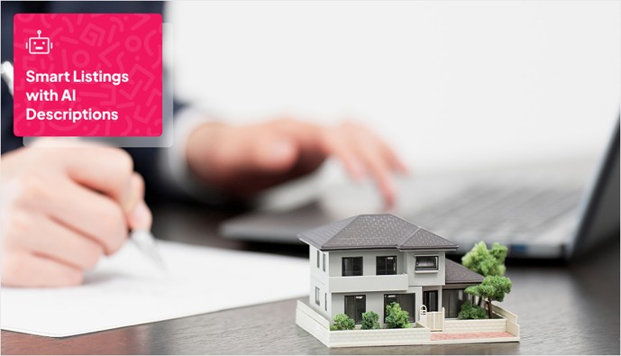 a house miniature placed on a table while a human writing on a paper shown in the background