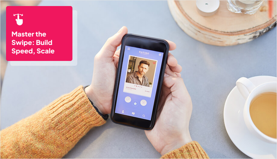 mobile screen showing a dating profile photo with an option to either swipe right or left